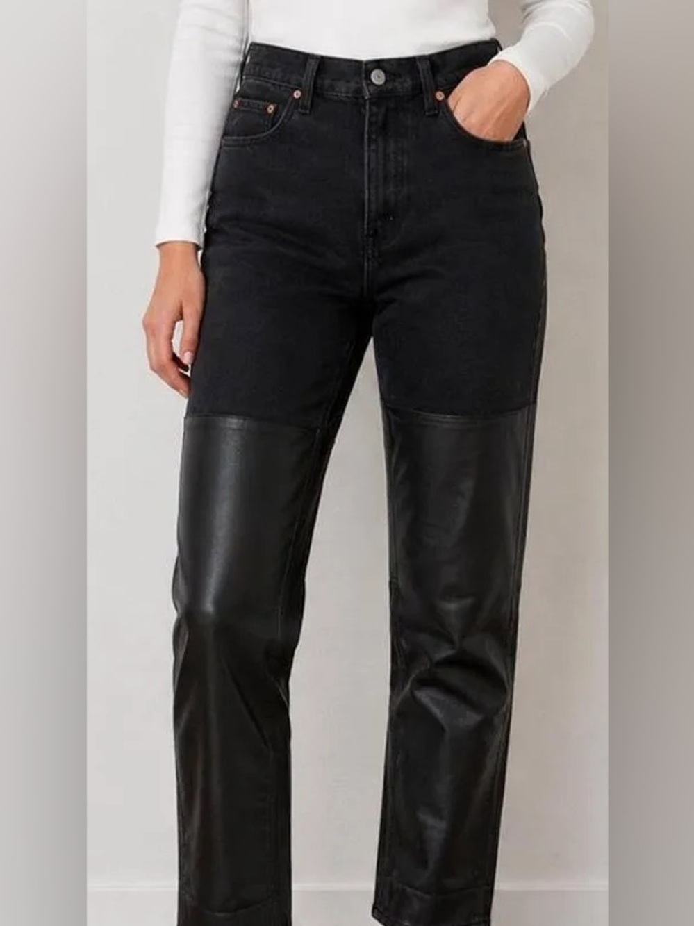 Abercrombie & Fitch the 90s straight high rise  Two-Tone black faux leather Jean